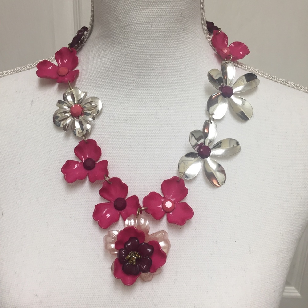 Pink and Silver Flower Necklace